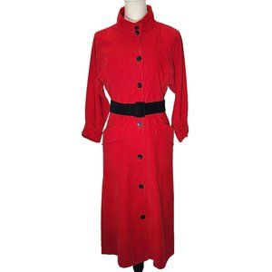 Vintage, Red Corduroy, Long Sleeve Belted Midi Dress. Size 10